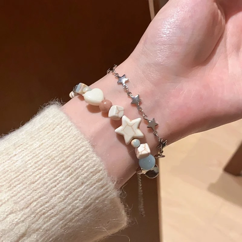钛钢陶瓷手链 海星碎石双层手链女小众设计感天然石学生串珠手串