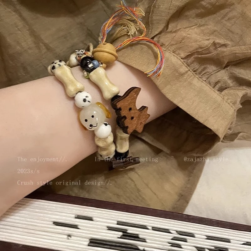 钛钢手链 可爱小狗陶瓷编织手链女手串闺蜜手绳可调节串珠手饰品