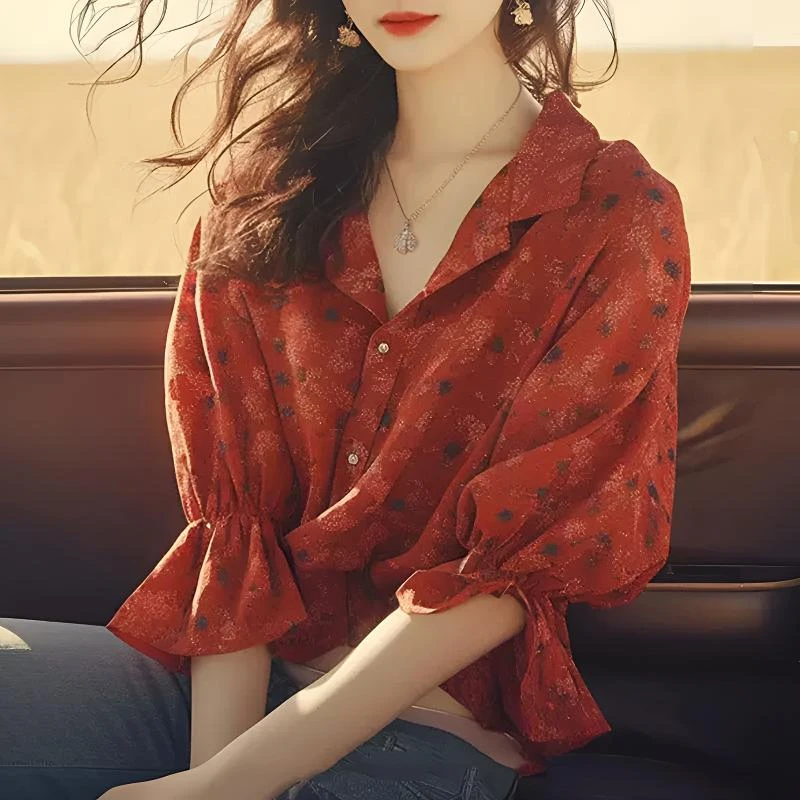 3613 法式轻熟风小众设计感绝美小衫甜美上衣红色碎花衬衫女