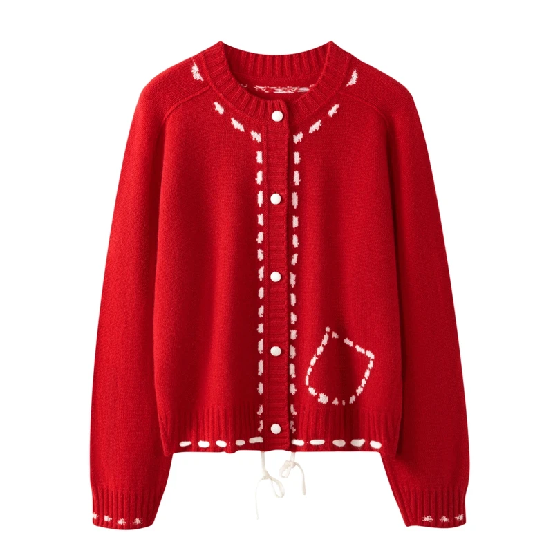 康赛妮100%纯山羊绒女士圆领虚线抽绳开衫大表姐同款提花抽绳短款