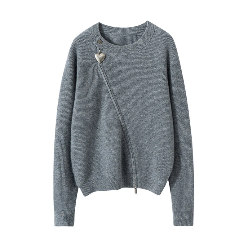 康赛妮100%纯山羊绒斜拉链桃心女开衫斜曲线双开拉链24秋冬新品