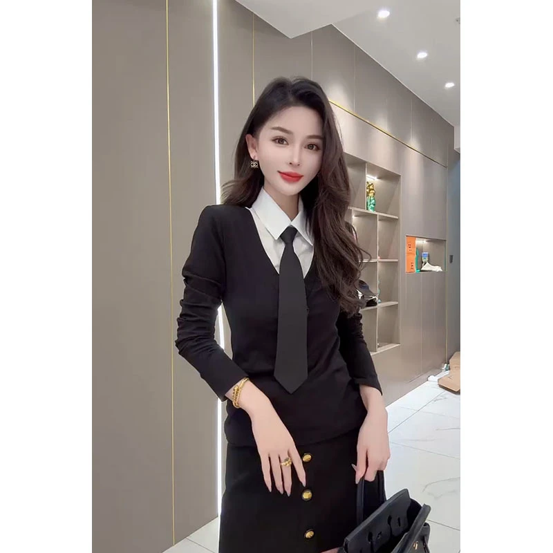 2024春秋新款时尚洋气版欧货假两件领带衬衫女2设计感拼色长袖T恤