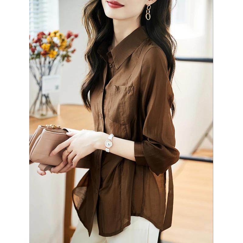 衬衣女装春秋季新款正品美拉德风咖色时尚收腰显瘦气质长袖衬衫女