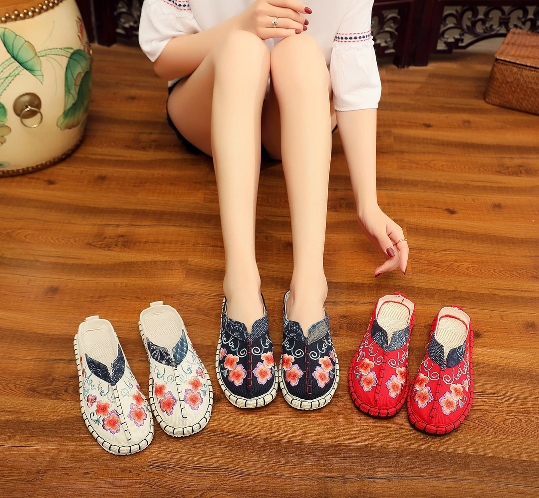 断码福利 复古民族风绣花拖鞋千层底布底女士休闲拖鞋
