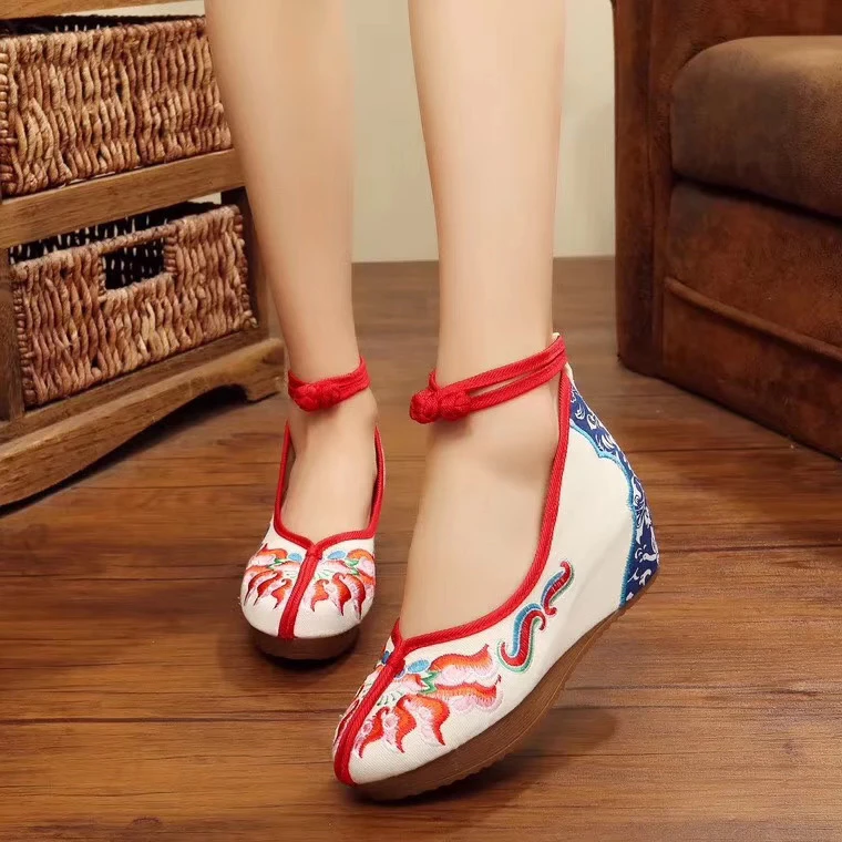 汉服绣花鞋女款软底增高广场舞鞋古风布鞋