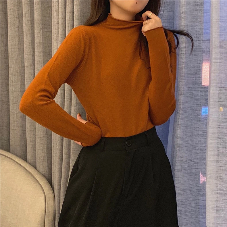 8158纯色半高领打底衫女秋季外穿针织衫新款百搭毛衣内搭长袖上衣
