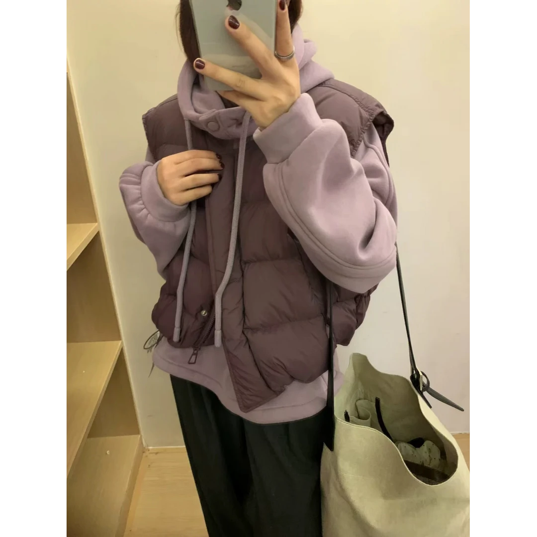 7705冬季新款宽松显瘦撞色棉衣马甲连帽卫衣两件套女
