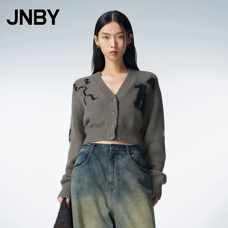 JNBY/江南布衣秋冬毛衫女绵羊毛短款针织开衫趣味图案5NA313620