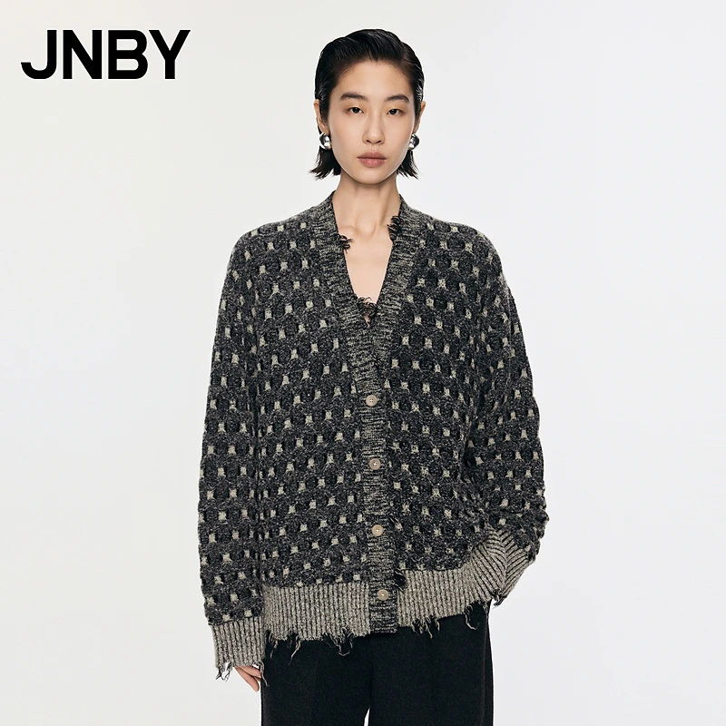 JNBY/江南布衣秋冬含羊毛针织衫女格纹中长款开襟毛衫5O0313470