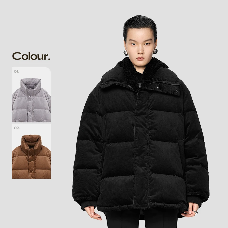 JNBY/江南布衣冬季立领羽绒服女灯芯绒中长款加厚白鸭绒5OAC10270