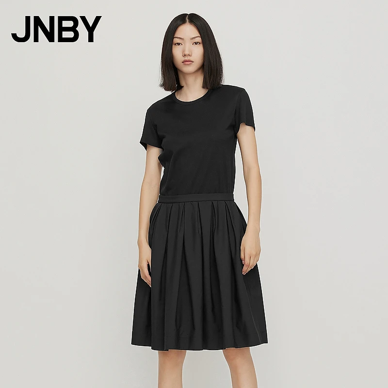 JNBY/江南布衣夏季连衣裙针织拼接简约舒适短袖圆领A型5M5G30390