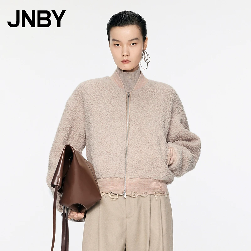 JNBY/江南布衣秋冬羊羔毛外套棒球服女拼接毛边O型宽松5OAA14270