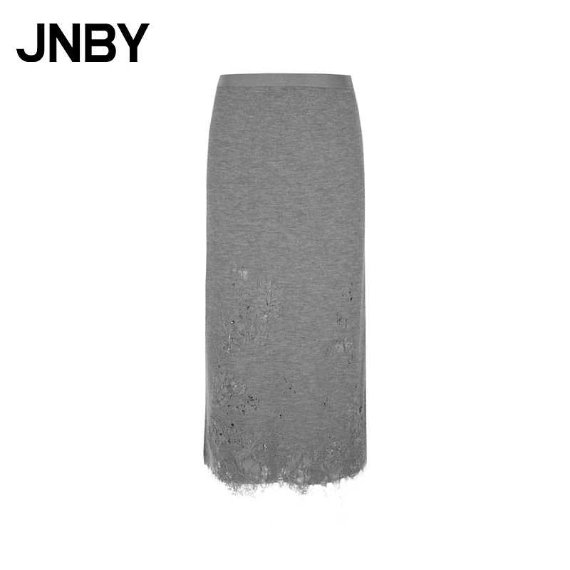 JNBY/江南布衣春秋半身裙女美利诺羊毛坑条H型蕾丝拼接5O9D13580