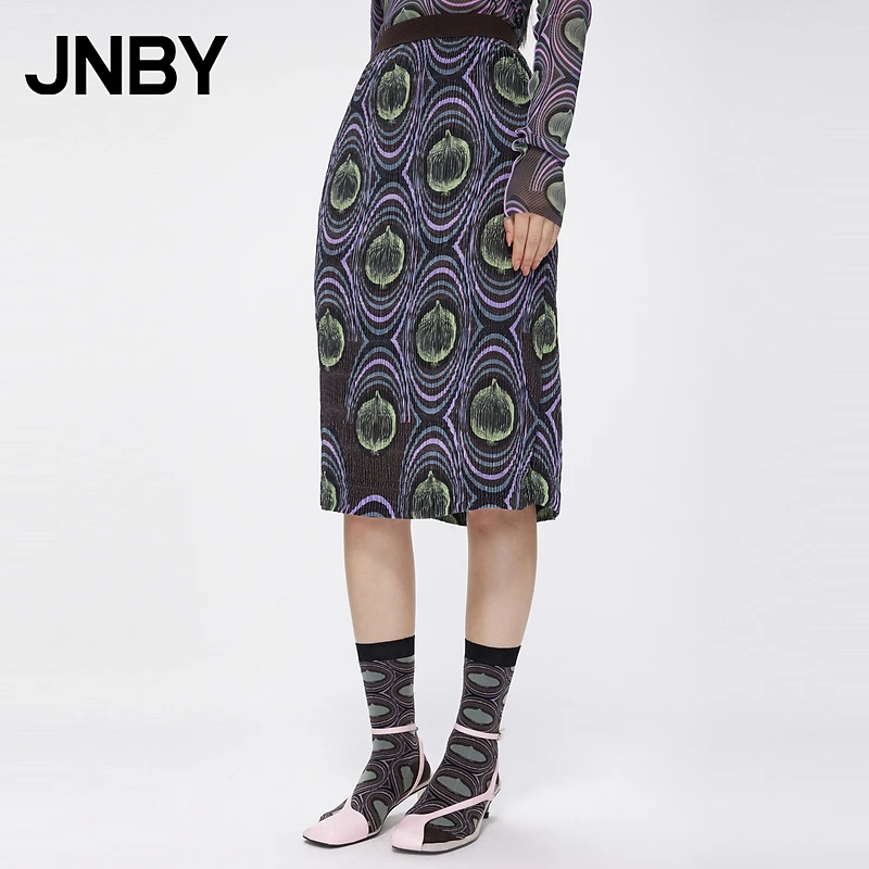 JNBY/江南布衣春半身裙女压褶印花修身H型通勤舒适裙子5N2D16190