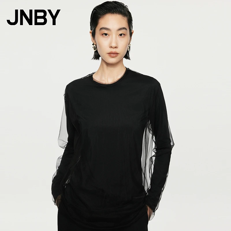 JNBY/江南布衣春秋T恤长袖宽松圆领H型高级感轻奢网纱女5O7110560