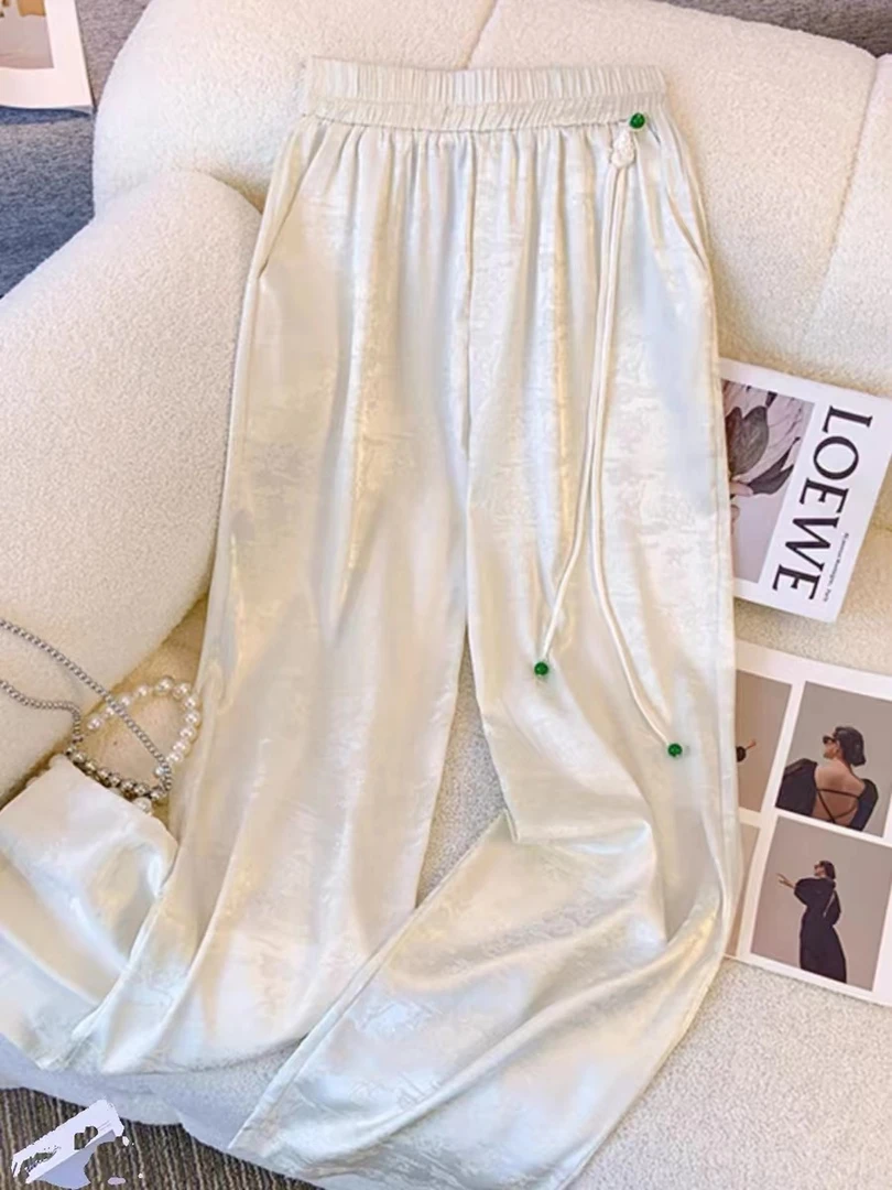 新中式提花缎面阔腿裤女夏显瘦国风2024休闲时尚百搭休闲裤子垂感