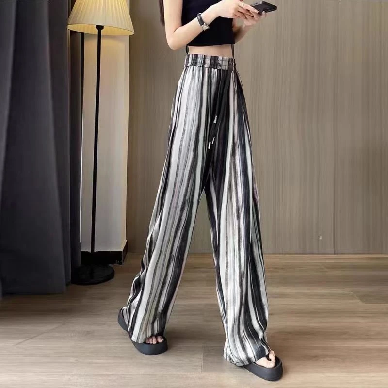 2024新款休闲条纹垂感直筒裤宽松夏季显瘦时尚百搭百搭外穿新中式