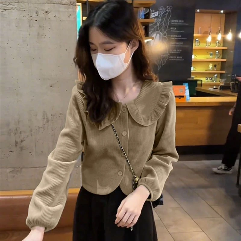 法式显瘦时尚灯芯绒衬衫洋气秋冬季短款小香风女外套长袖甜美上衣