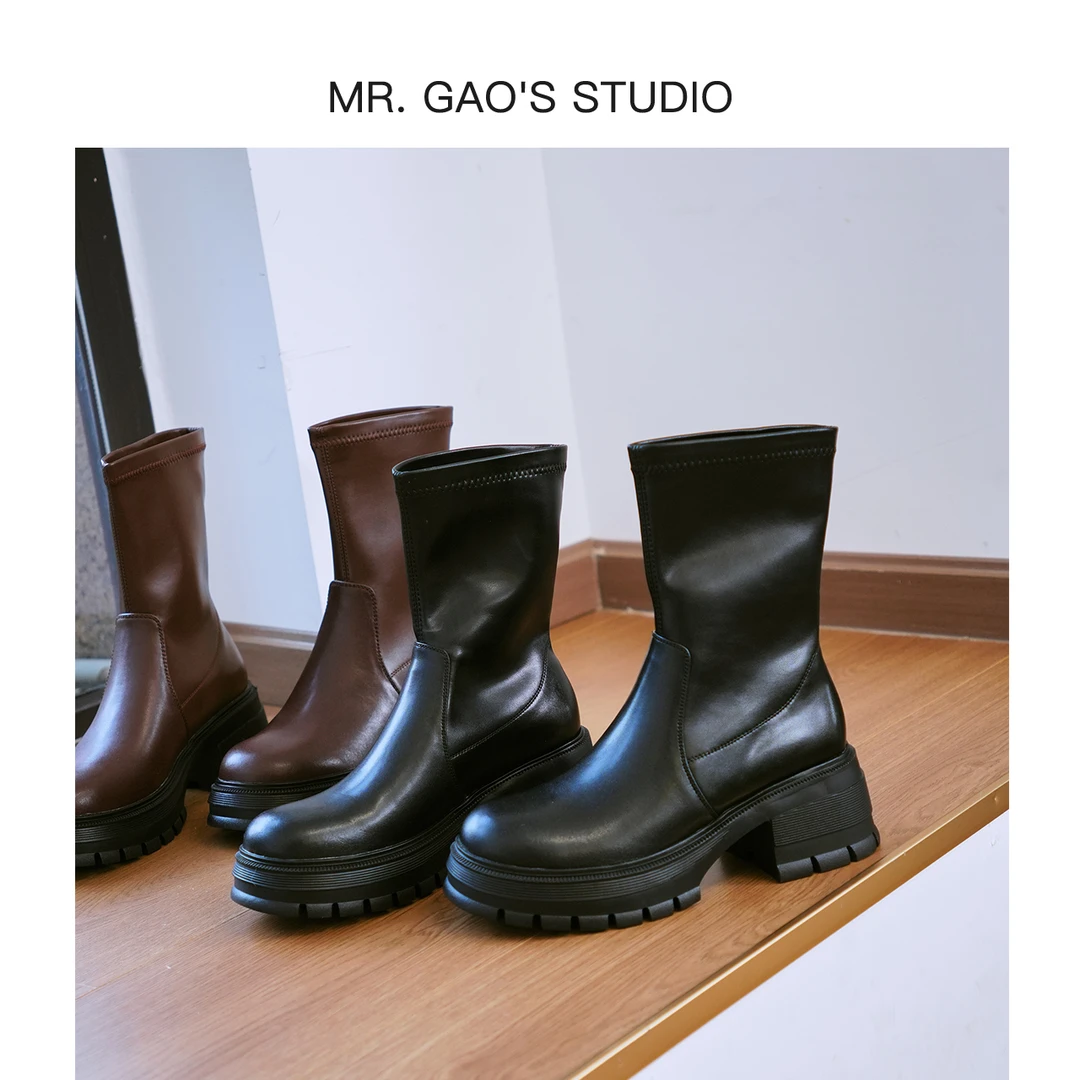 MR.GAO/高老板轻奢6cm厚底显瘦百搭瘦瘦靴粗跟弹力圆头时尚马丁靴