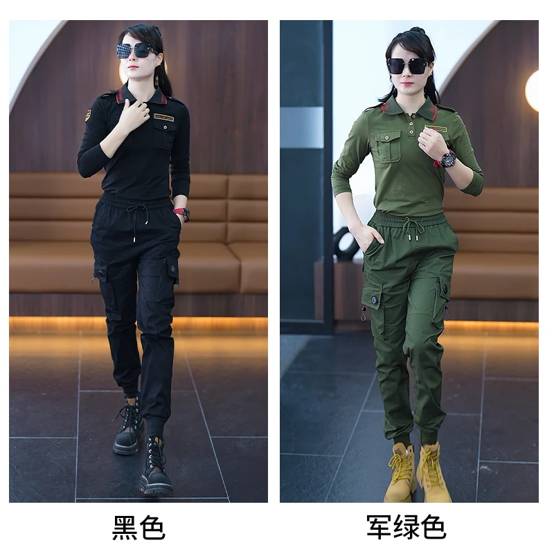 迷彩服女春秋新款翻领T恤长袖松紧束脚工装裤水兵舞作训服套装潮