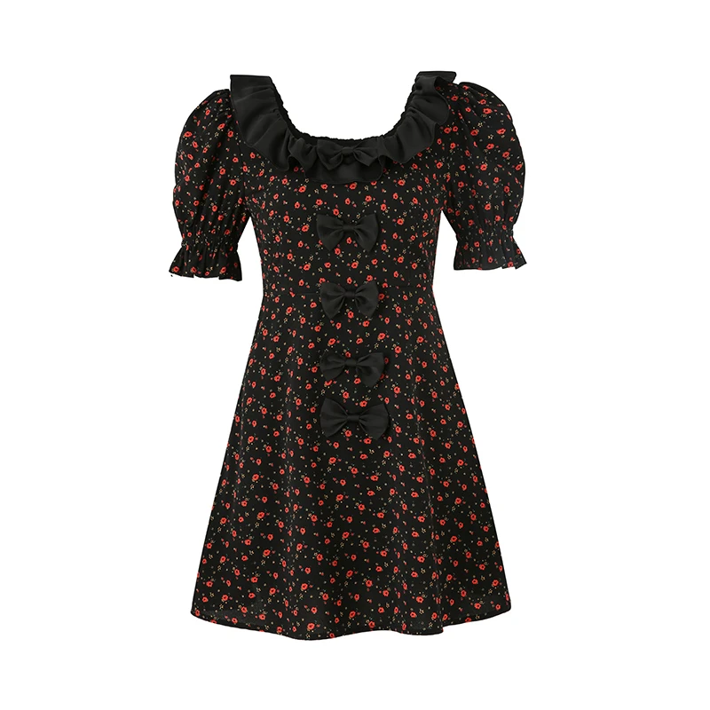 DIANA VEVINA黑色印花蝴蝶结玫瑰花方领撞色中长款连衣裙