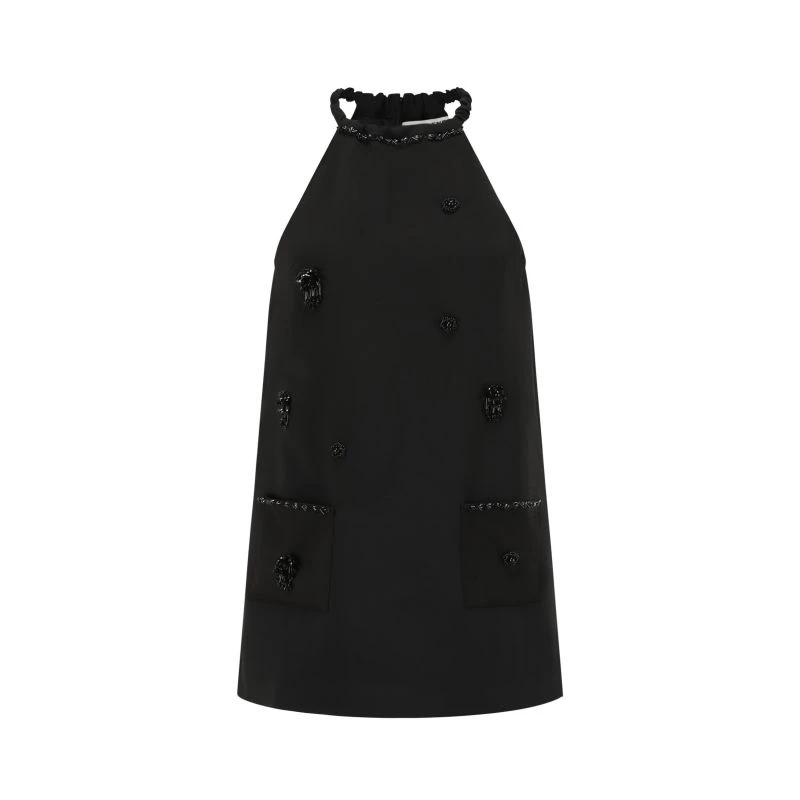 SHRO ENRO 珠链编织立体花纹黑色挂脖吊带裙