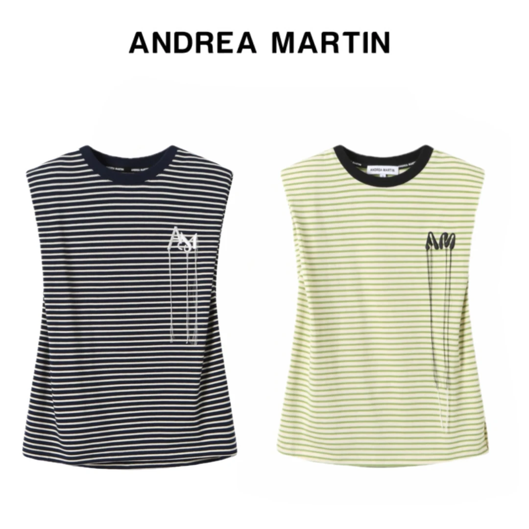 Andrea Martin 刺绣流苏立体logo条纹廓形垫肩背心