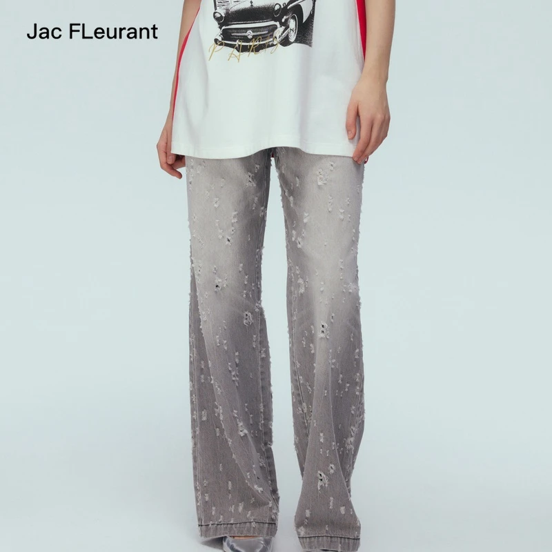 JAC FLEURANT春夏新款水洗灰弹孔直筒皮牌休闲百搭牛仔裤