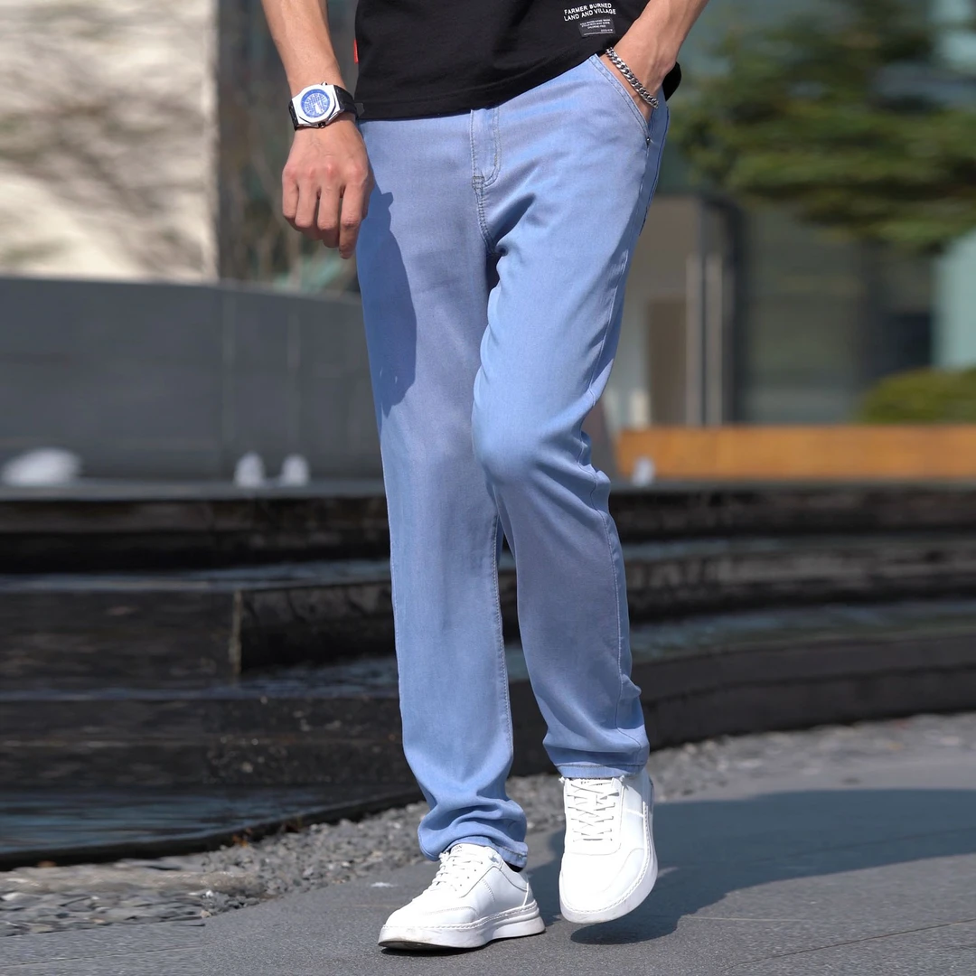 超薄款春夏百搭牛仔裤男士大码宽松直筒弹力舒适透气中高腰裤子男