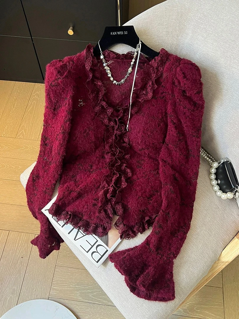 【XING星星定制】法式名媛气质性感修身显瘦开叉V领喇叭袖蕾丝上衣