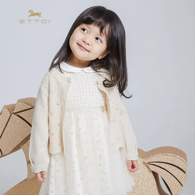 ETTOI爱多娃童装春秋薄款镂空长袖女童针织开衫粉色可爱百搭外套