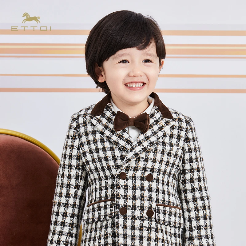 ETTOI秋冬爱多娃男童西装大衣外套格子英伦风礼服