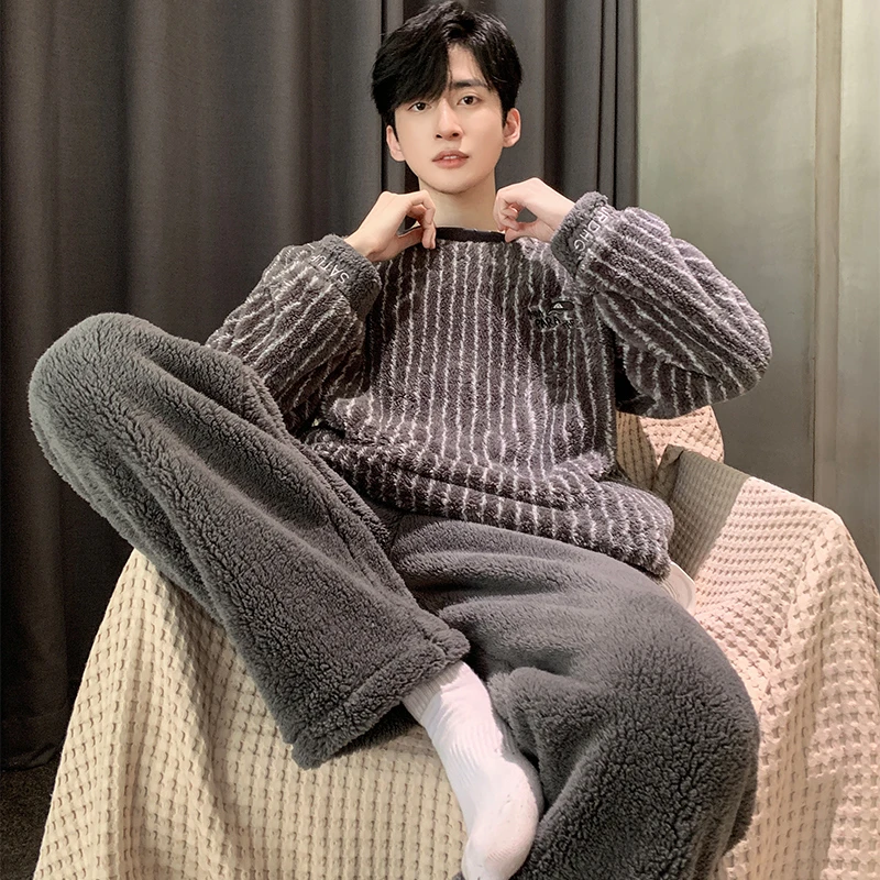 男士睡衣冬季加绒加厚珊瑚绒男款秋冬款天青少年法兰绒家居服套装
