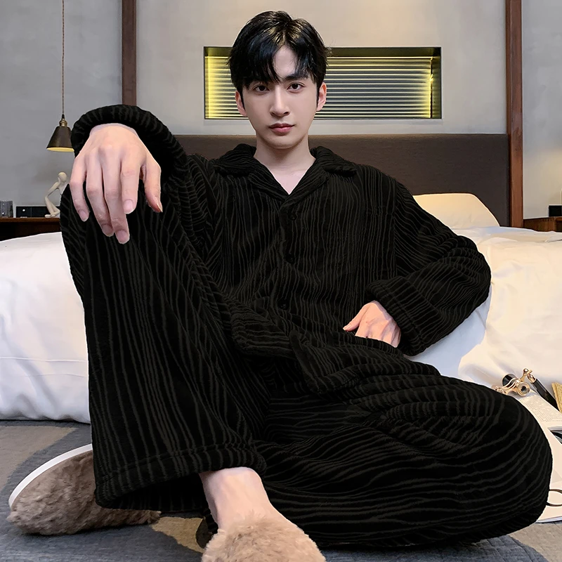 睡衣男士秋冬款冬季珊瑚绒加绒加厚保暖条纹可外穿家居服男款套装