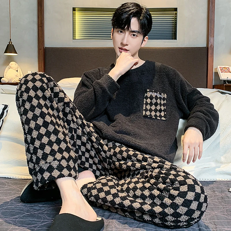 冬季半边绒睡衣男士冬天珊瑚绒加厚加绒秋冬款男款保暖家居服套装