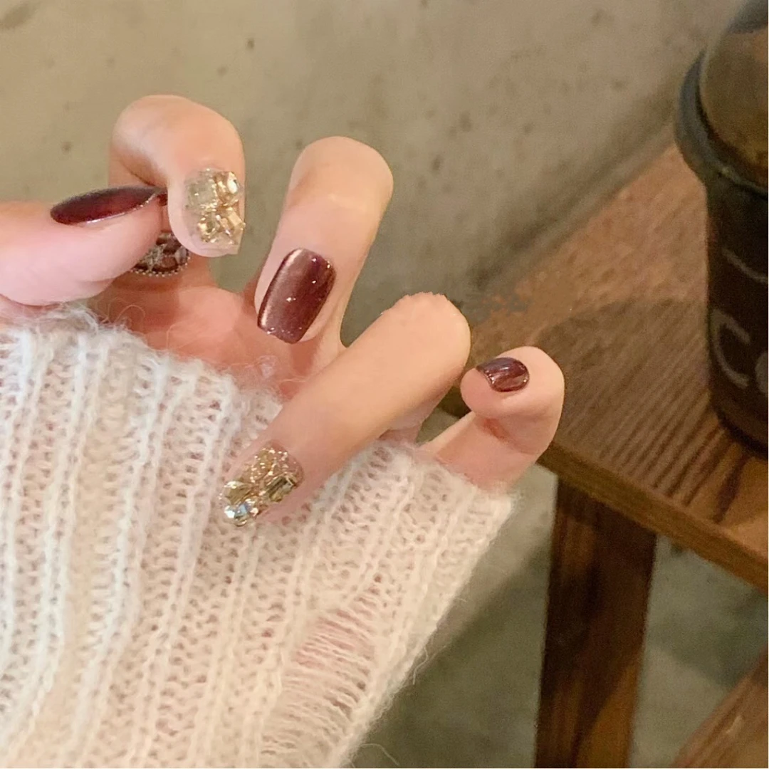 【M54】美拉德焦糖猫眼手工包钻可拆卸美甲贴片短款