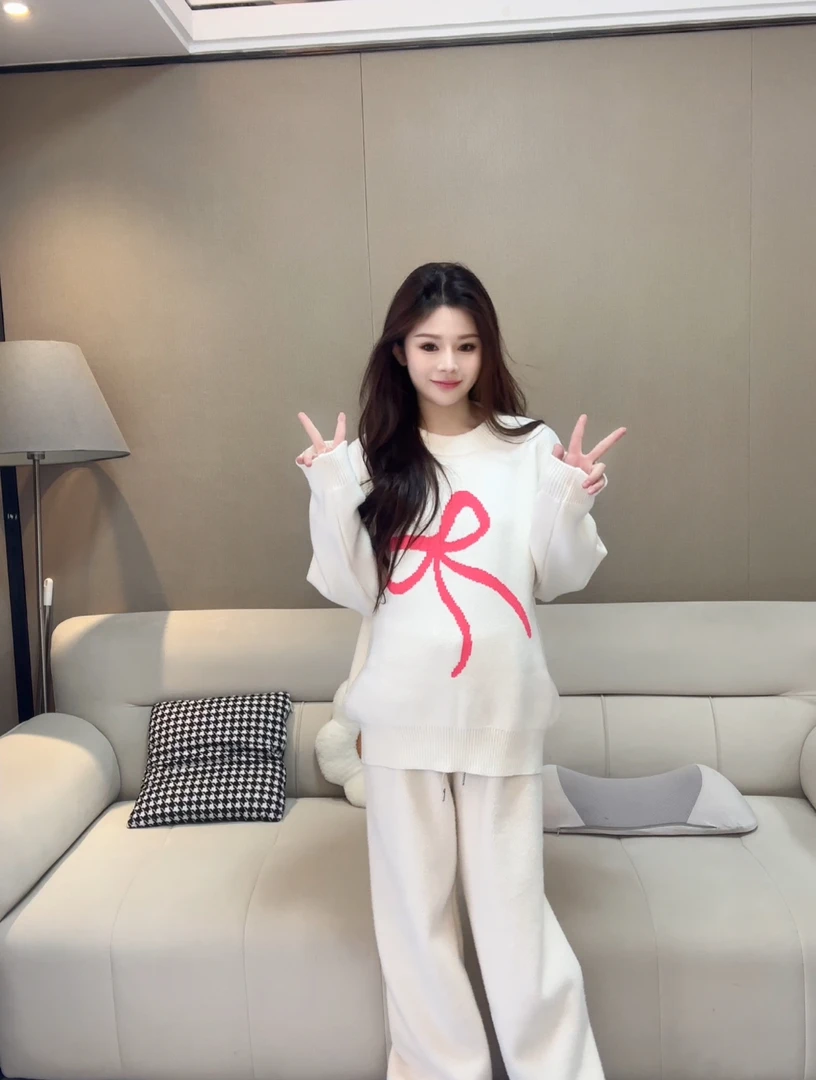 秋冬孕妇装蝴蝶结圆领百搭宽松慵懒风针织衫上衣妇蓝色针织糯米裤