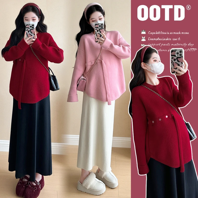 秋冬新款孕妈版型设计感系带套头上衣＋直筒半身裙毛衣裙