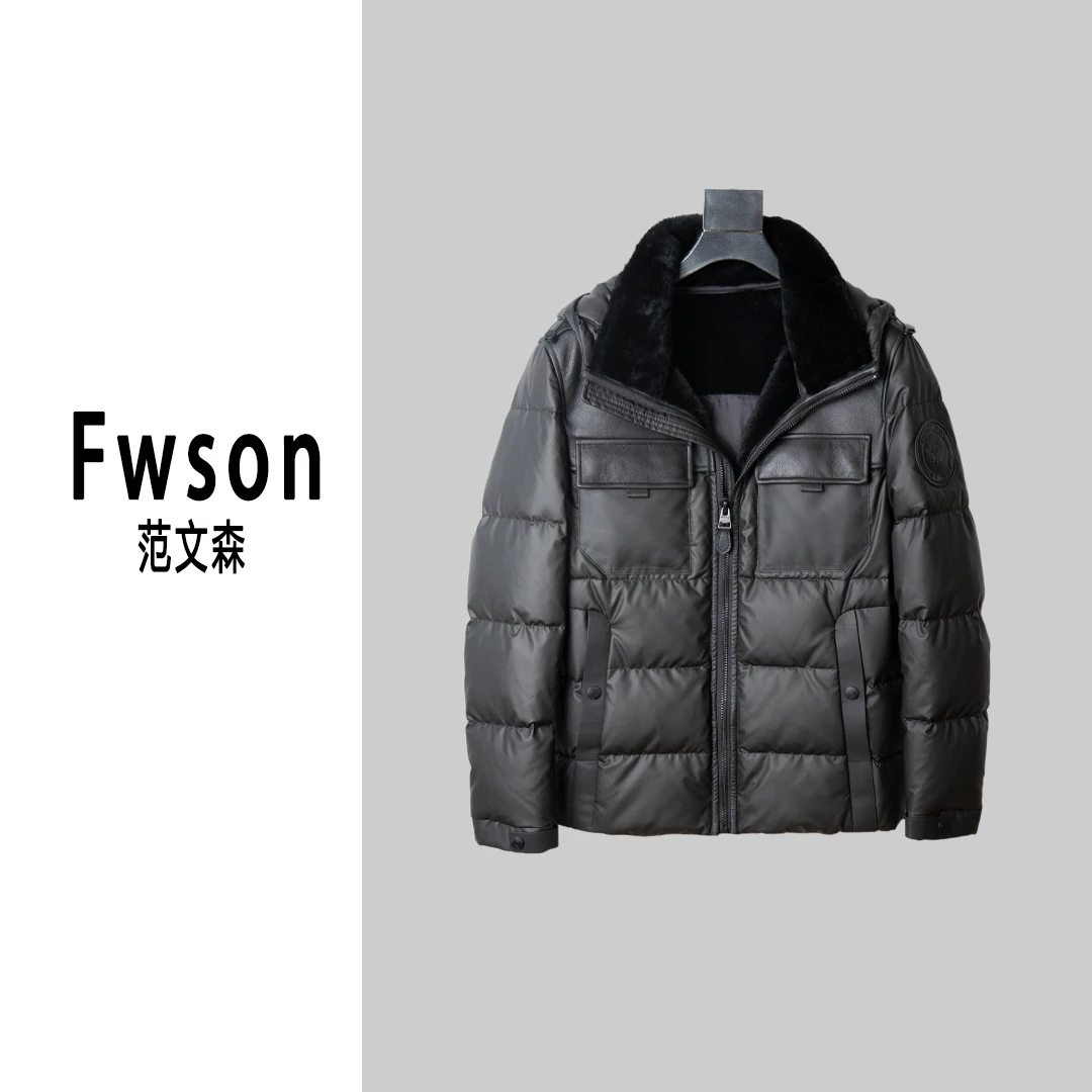 鹅羽绒服拼接皮毛一体短款连帽2023年新款外套男士冬季加厚031