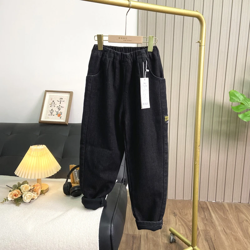 佑妈家童装男女童中大童一体绒加厚牛仔裤儿童冬款加绒休闲裤