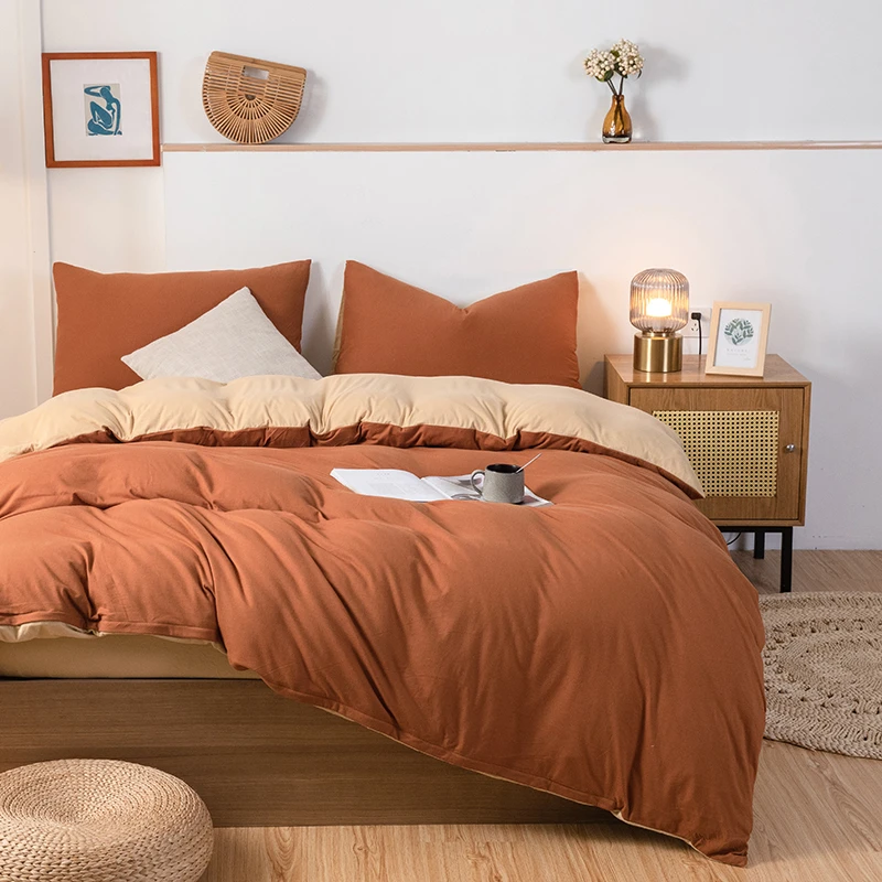 全棉针织棉天竺棉素色双拼四件套拼色简约轻奢日式裸睡床品亲肤