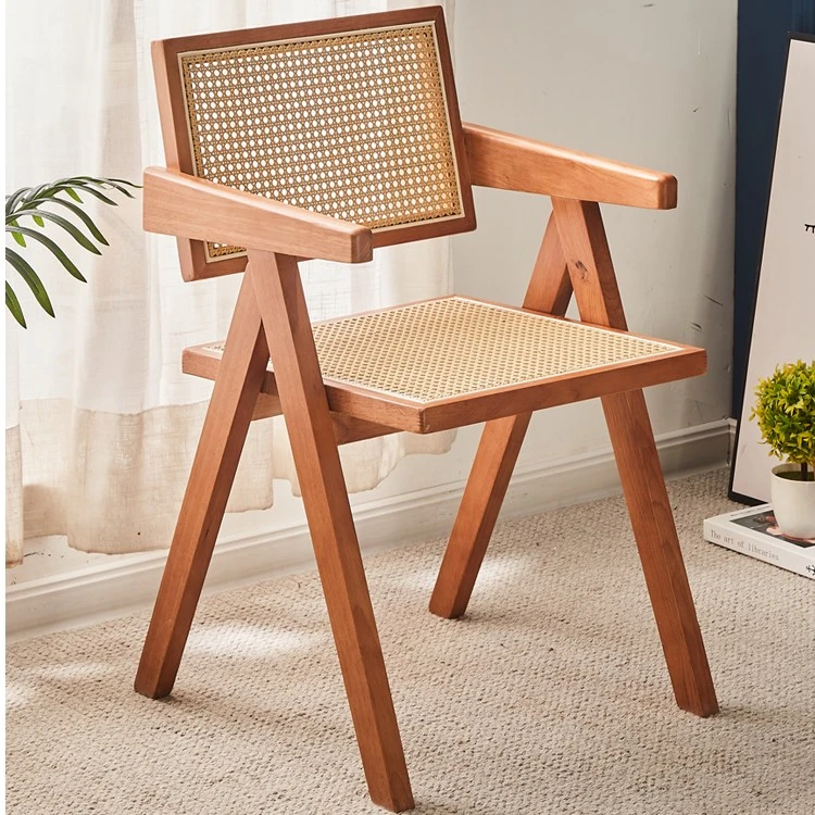 实木餐椅北欧日式小户型橡木藤编休闲民宿靠背椅昌迪加尓扶手椅子
