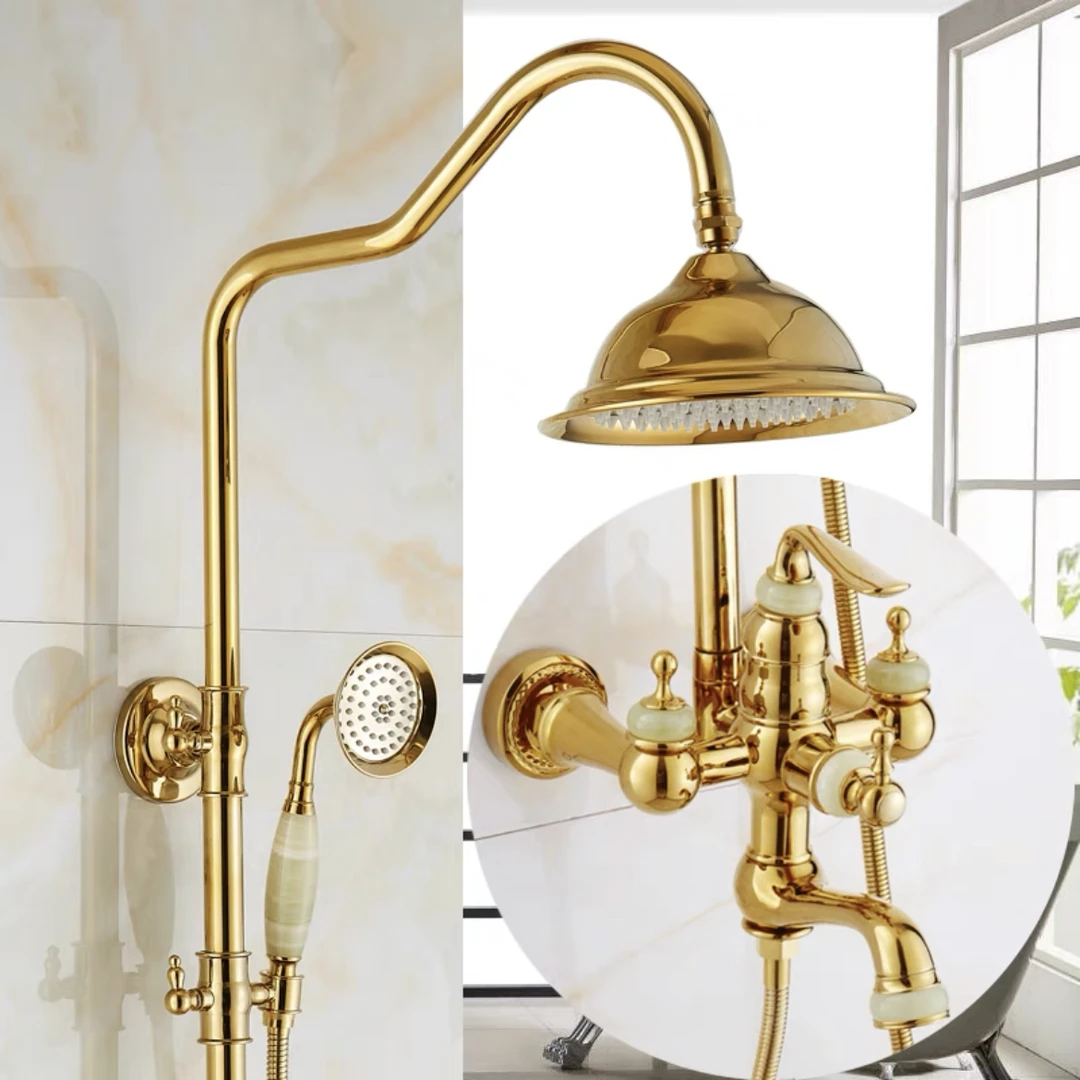 欧式玉石家用天然玉石淋浴器冷热花洒套装金色家用全铜龙头挂墙式