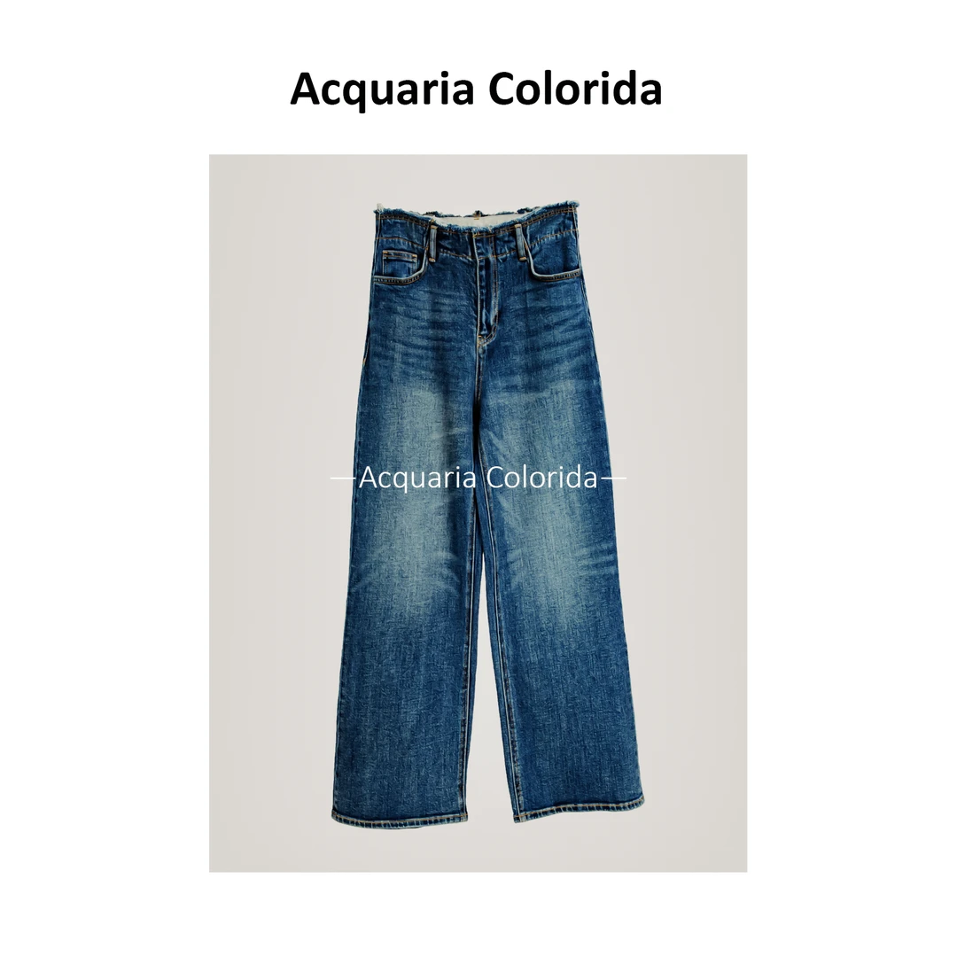 【无序】新款高腰时尚直筒毛边牛仔裤