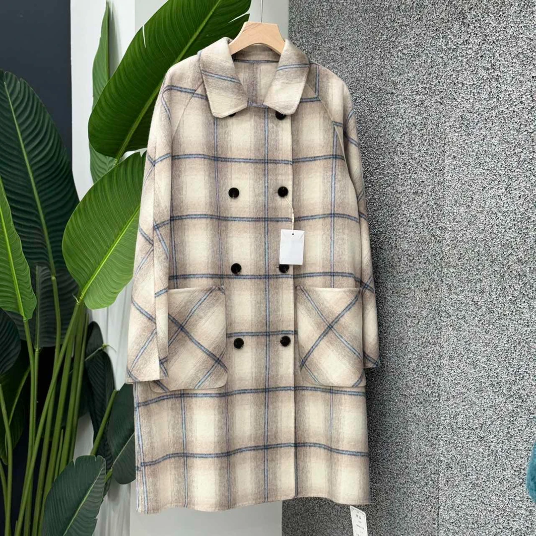 LuoXi罗皙-K692新款双排扣大口袋格子羊毛大衣外套
