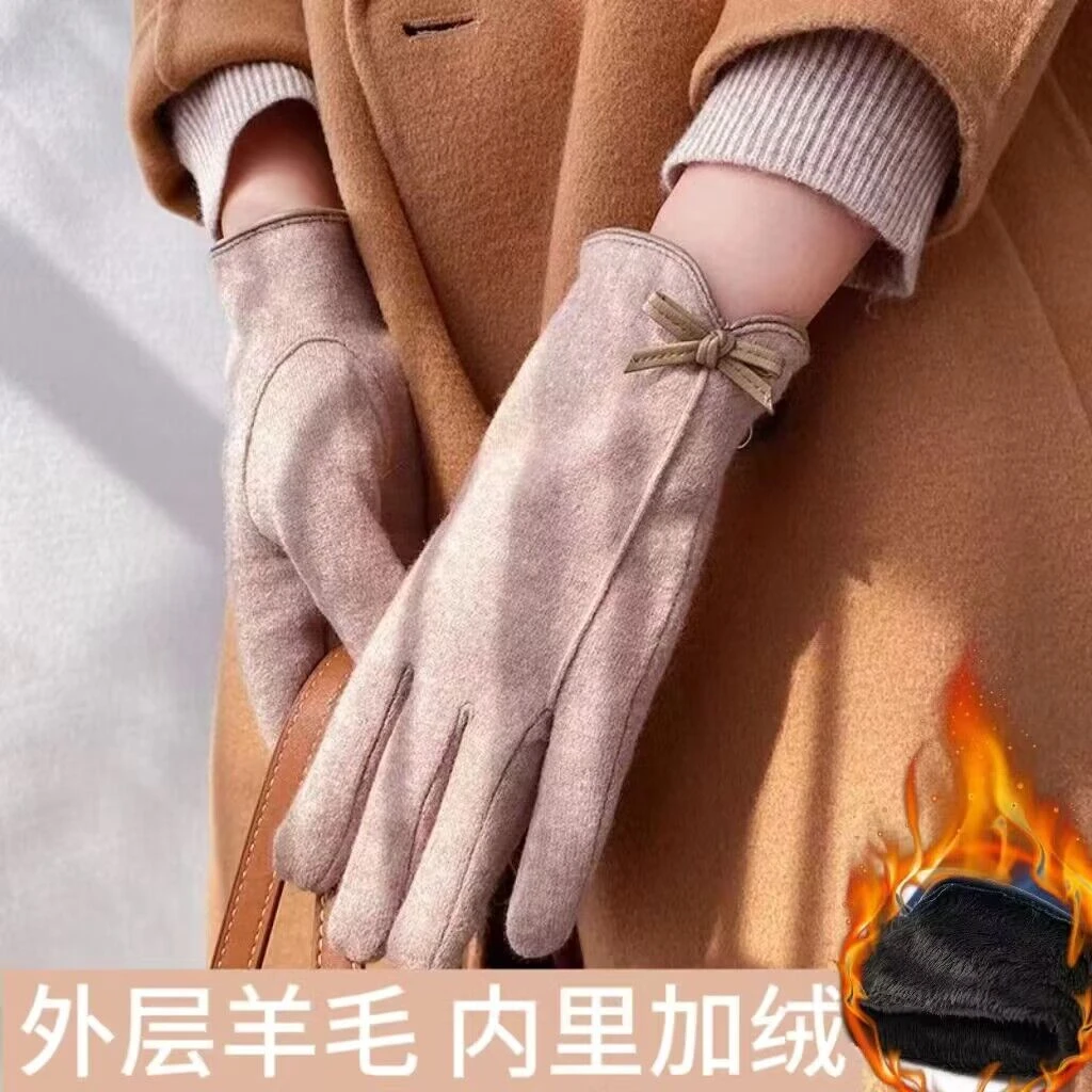 绵羊毛五指手套冬天女士羊绒骑车加绒加厚防风保暖可爱黑色触屏