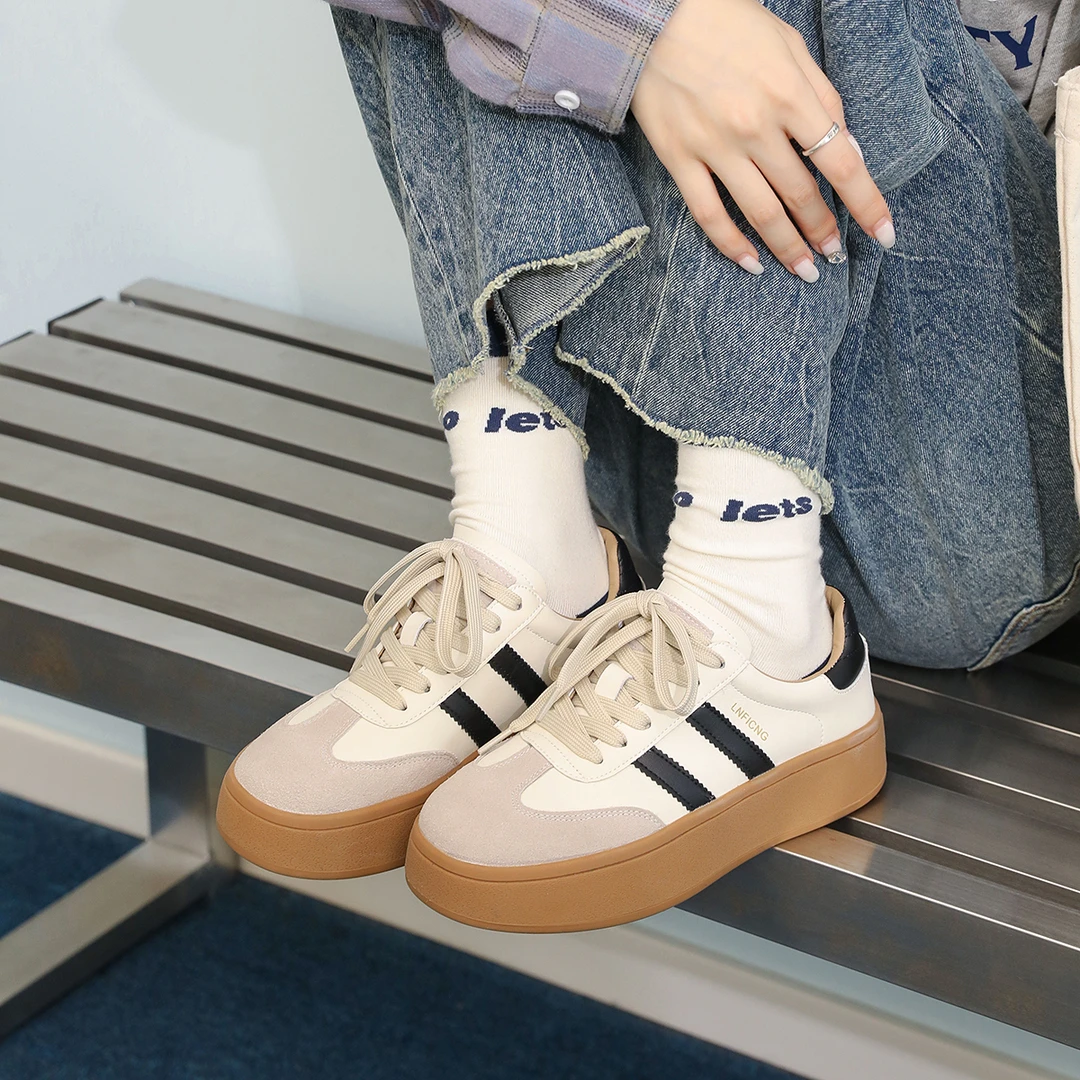 伯爵猫女神节礼物厚底德训鞋真皮拼色厚底系带休闲鞋运动板鞋