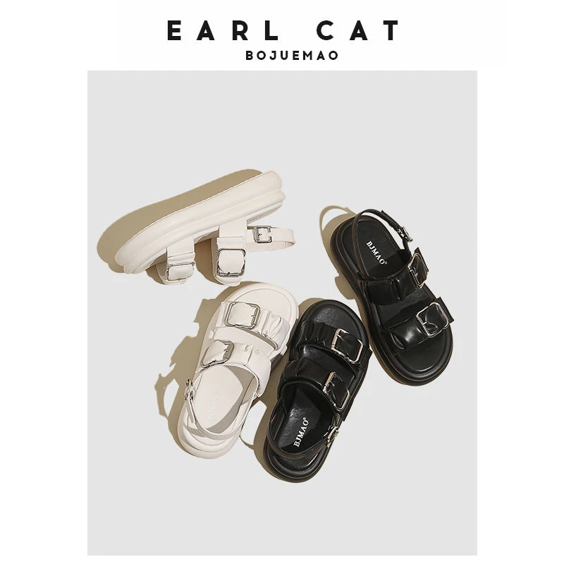BJMAO伯爵猫厚底休闲凉鞋女RX39-1时尚百搭金属皮带扣露趾罗马鞋