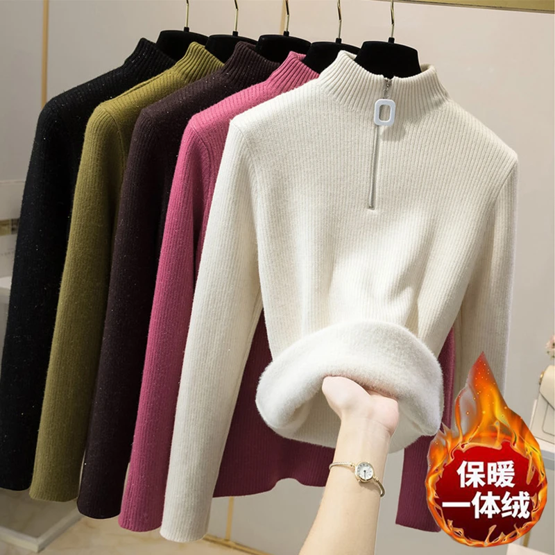 秋冬季加绒加厚半高领拉链针织打底衫女设计感百搭洋气一体绒毛衣
