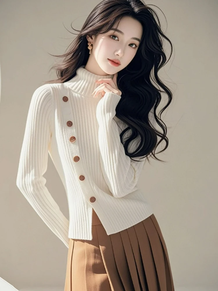 韩系chic白色奶fufu高领小开叉针织毛衣女秋冬季时尚小众别致上衣